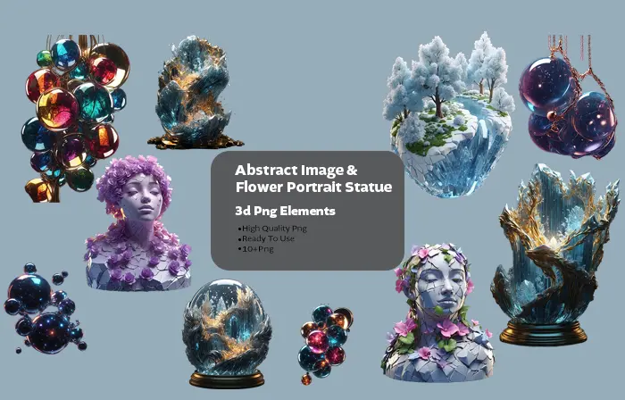 Abstract Image and Floral Statue Design 3D Elements Pack